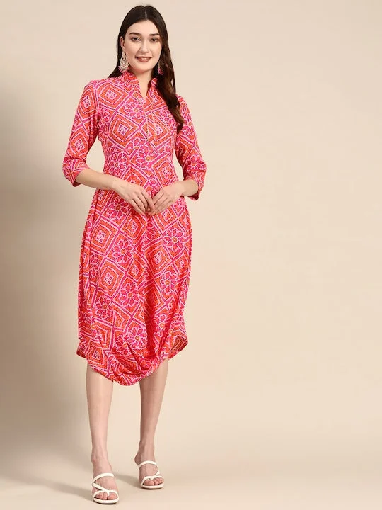 Front Cowl Chinese Collar Printed Dress