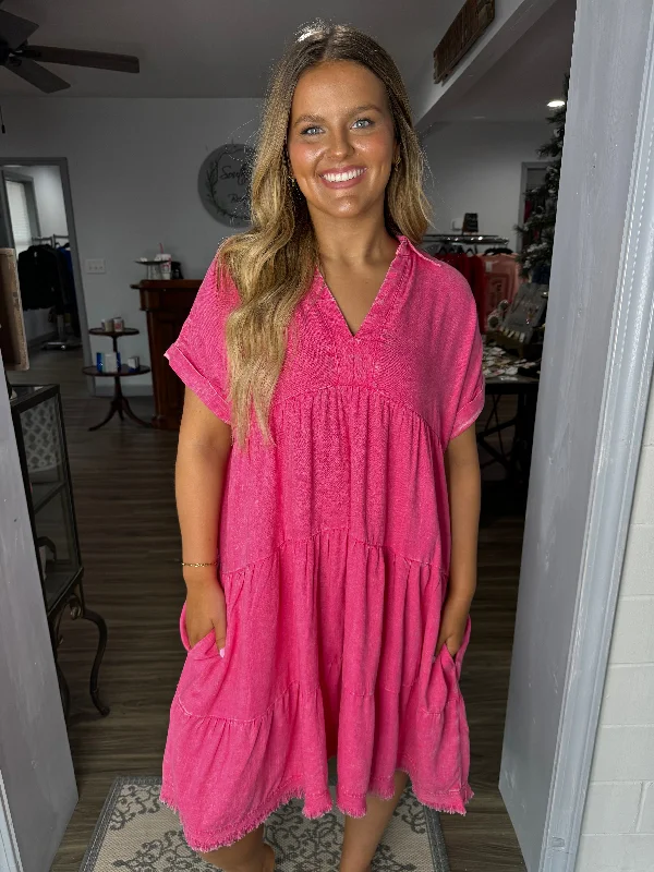 Fuchsia mineral wash tiered dress