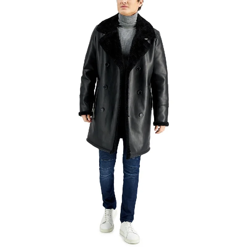 Guess Mens Faux Leather Faux Fur Long Coat Soft Cashmere Wrap