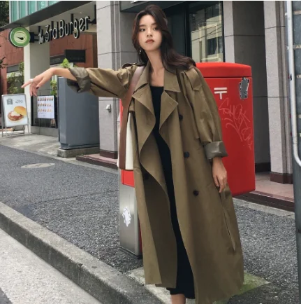 khaki Trench Coat Casual women's long Outerwear loose clothes for lady with belt spring autumn fashion high quality army green Puff Shoulder Coat khaki Trench Coat Casual women's long Outerwear loose clothes for lady with belt spring autumn fashion high quality army green Puff Shoulder Coat