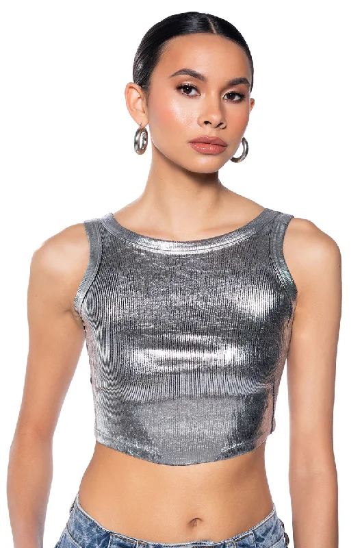 LEO SLEEVELESS CROPPED METALLIC TANK TOP low neck tank