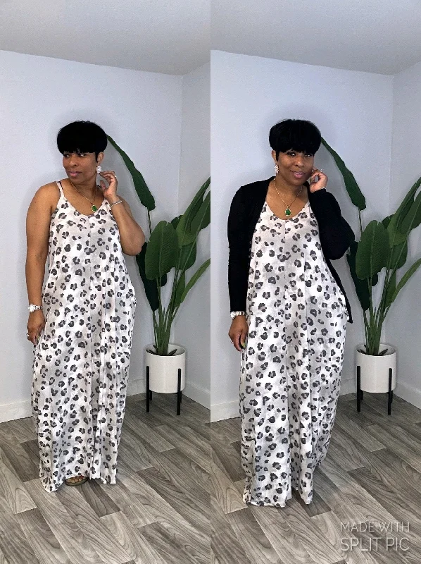 Leopard Maxi With Cardigan Dress Set (White) Mesh Fabric Canvas Fabric Denim Fabric