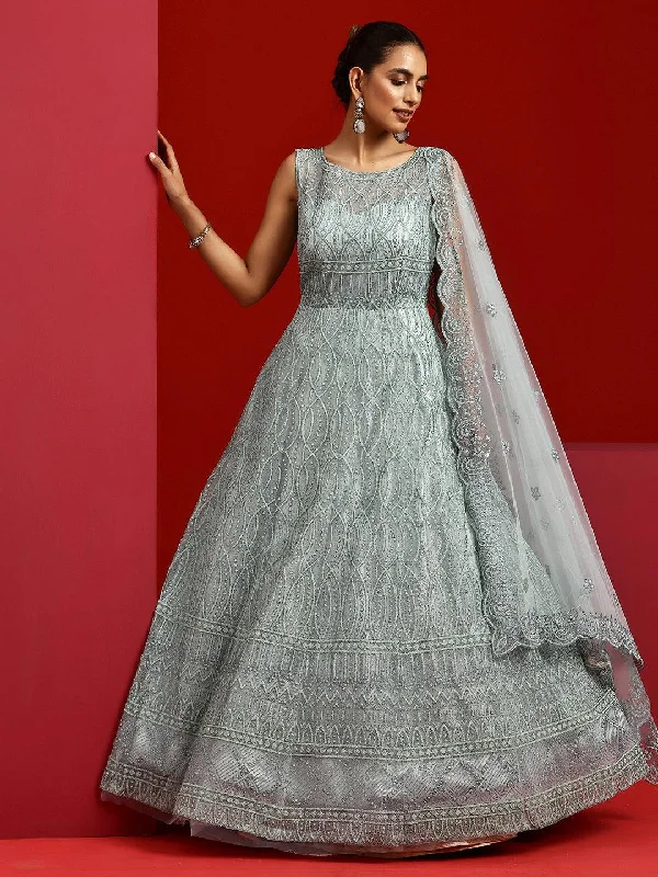 Libas Art Sea Green Embellished Net Gown Dress