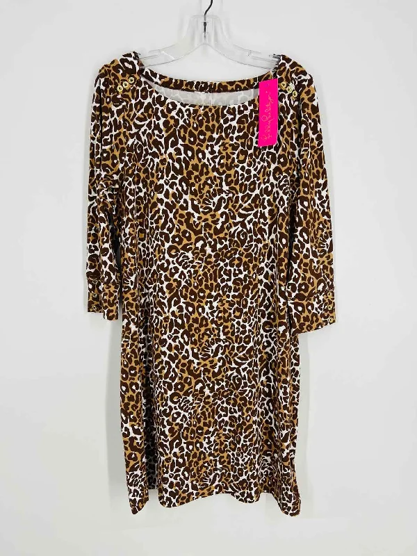 Lilly Pulitzer Size L Brown/White Animal Print Buttons NEW Designer Dress