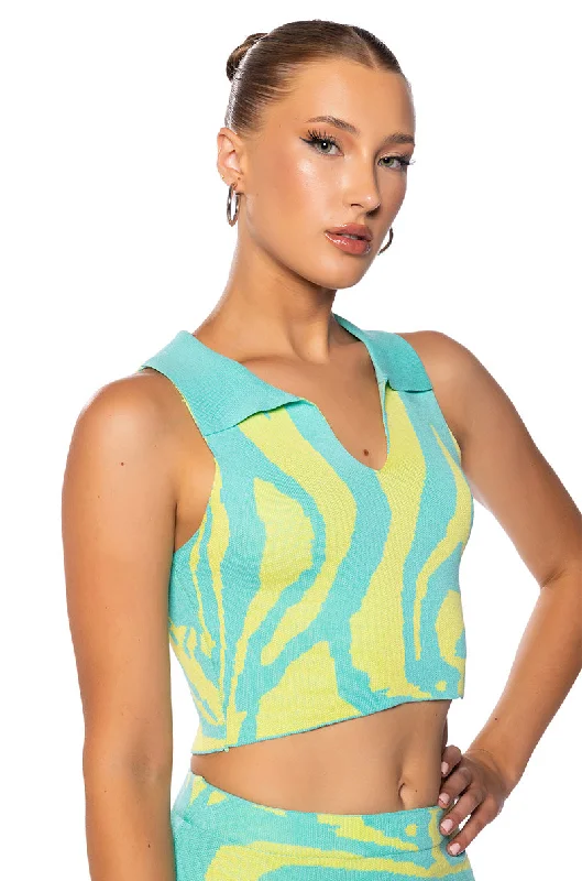 LOST IN TIME COLLARED KNIT TANK TOP turquoise tank top