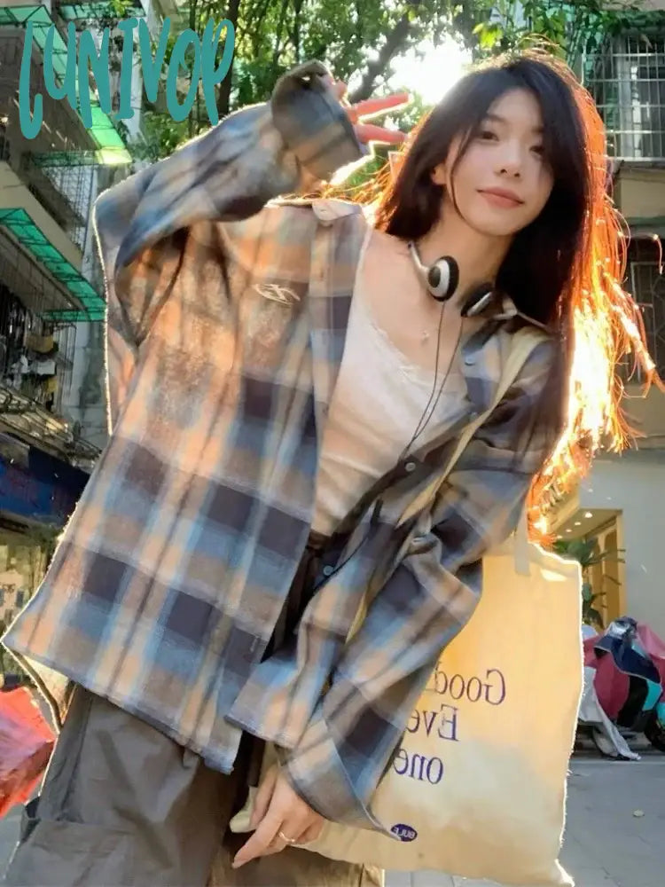 Lunivop Vintage Plaid Blouse Women Korean Style Kpop Button Shirts Harajuku Fashion Outerwear Casual Long Sleeve Tops Autumn Ultra-Soft Sherpa Vest