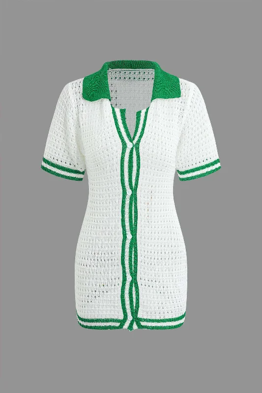 Contrast Button Up Short Sleeve Cardigan Hollow Out Knit Mini Dress Elasticated Padded Insulated Contrast Button Up Short Sleeve Cardigan Hollow Out Knit Mini Dress Elasticated Padded Insulated