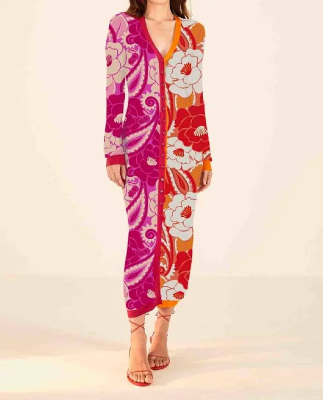 Mixed Tropical Groove Cardigan Sweater Dress Collared Crew Neck Turtle Neck