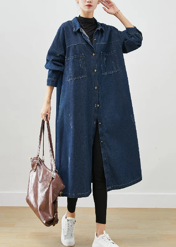 Navy Denim Trench Coats Oversized Pockets Fall Waterproof Hiking Jacket