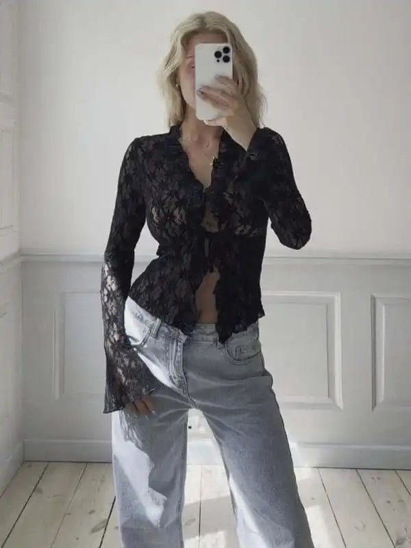 New women’s fashionable slim solid color mesh hollow see-through lace long-sleeved cardigan Spandex Rayon Corduroy New women’s fashionable slim solid color mesh hollow see-through lace long-sleeved cardigan Spandex Rayon Corduroy