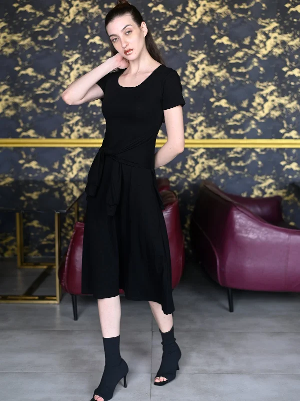 Odette Black Solid Cotton Jersey Lycra Stitched Western Dress for Women
