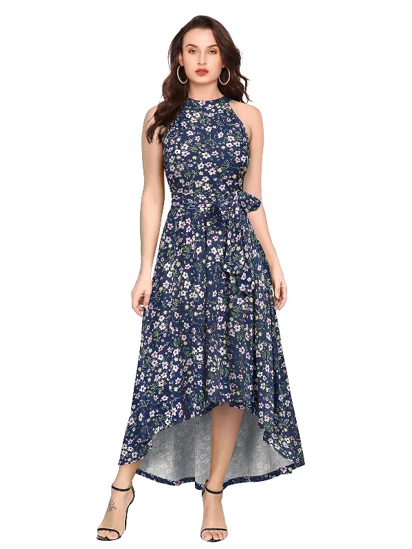 Odette Blue Polyester Asymmetric A-line Printed Dress For Women