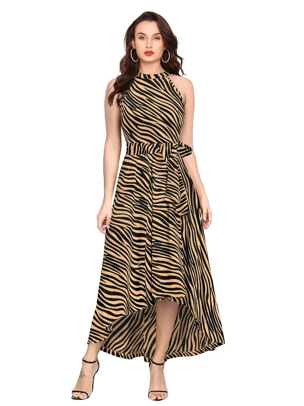 Odette Tan and Black Polyester Asymmetric A-line Printed Dress For Women
