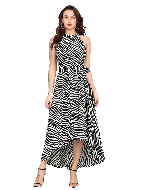 Odette White and Black Polyester Asymmetric A-line Printed Dress For Women