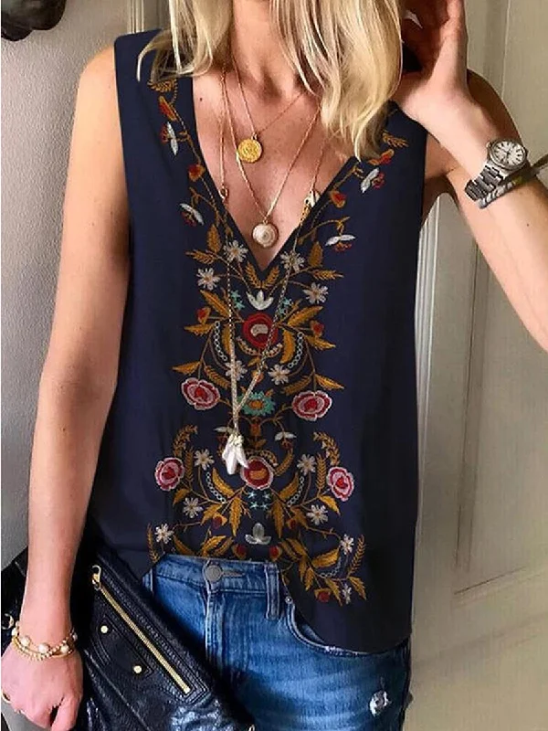 Print Floral V-Neck Sleeveless Casual Elegant Tank Tops halter tank top