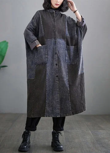 Retro Denim Blue Pockets Patchwork Button Long Trench Coats Long Sleeve Checkered Wool Shacket Retro Denim Blue Pockets Patchwork Button Long Trench Coats Long Sleeve Checkered Wool Shacket
