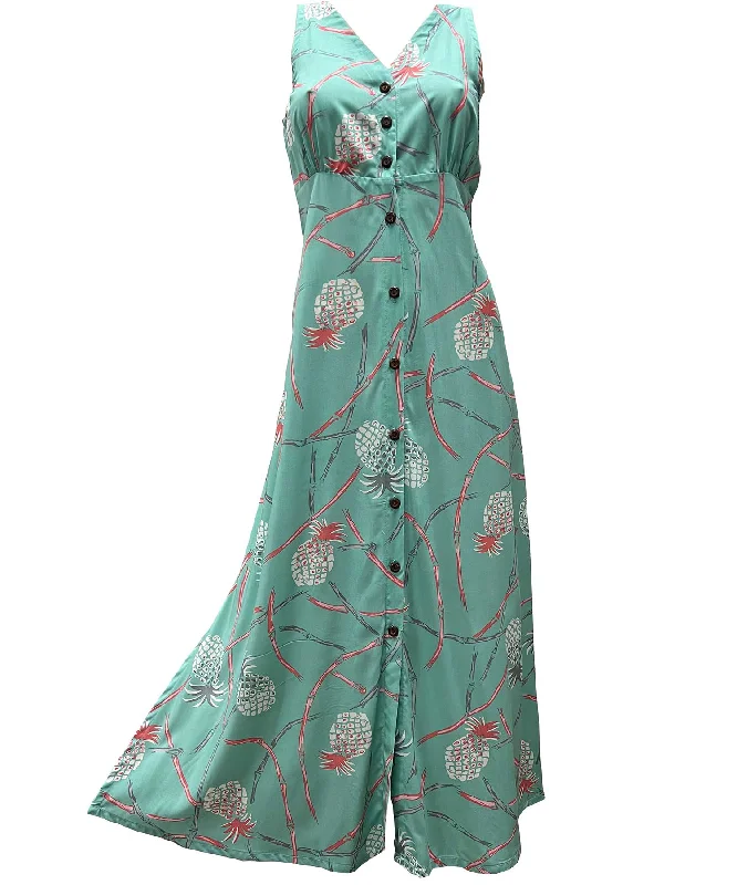 Retro Pineapple Bamboo Sea Foam Button Front Tank Dress