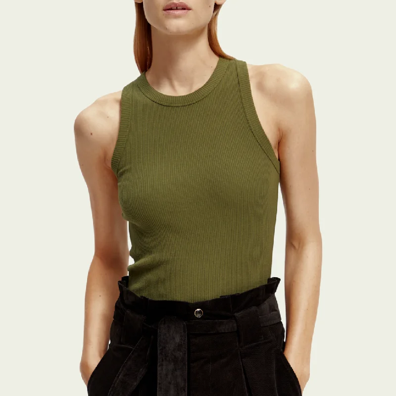 Rib-Knitted Racerback Tank Top (Olive Green) cotton tank top