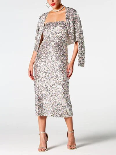 Sequin Cardigan and Straight Dress Set Hooded Cardigan Collared Cardigan Shawl Collar Sequin Cardigan and Straight Dress Set Hooded Cardigan Collared Cardigan Shawl Collar