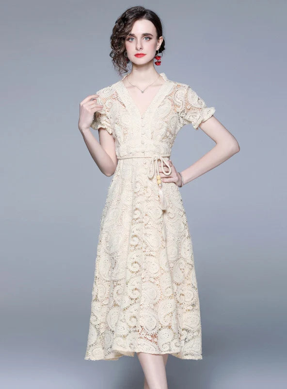 SHORT-SLEEVED LACE V-NECK DRESS
