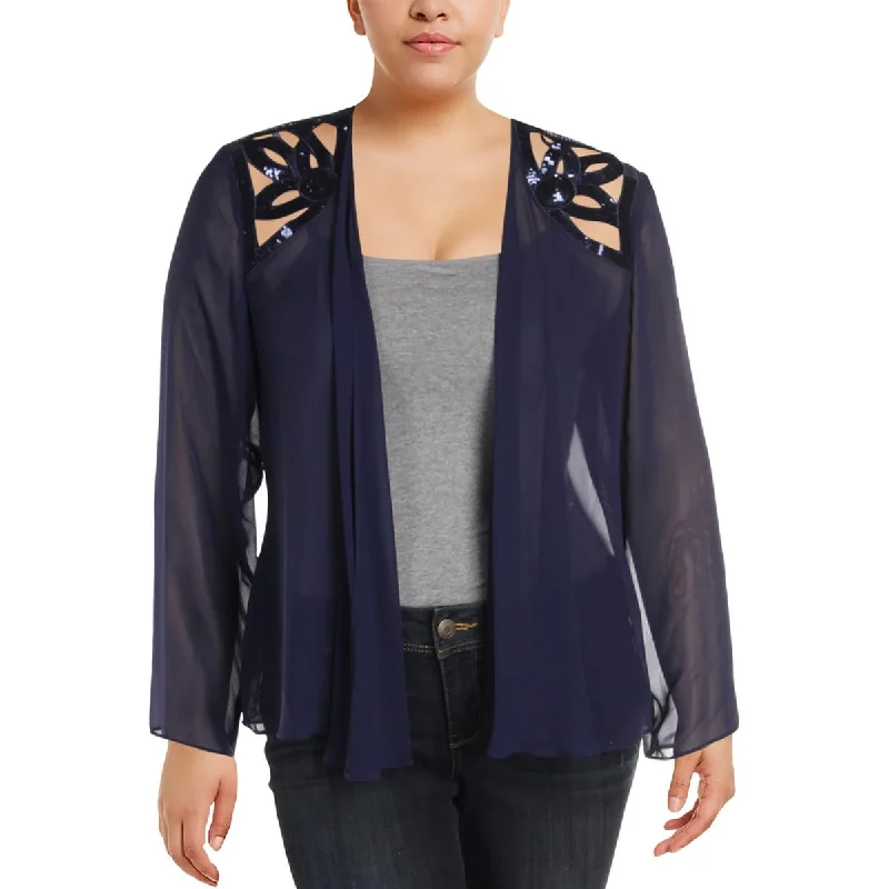 SLNY Womens Chiffon Embellished Cardigan Top Mesh Cardigan Canvas Denim