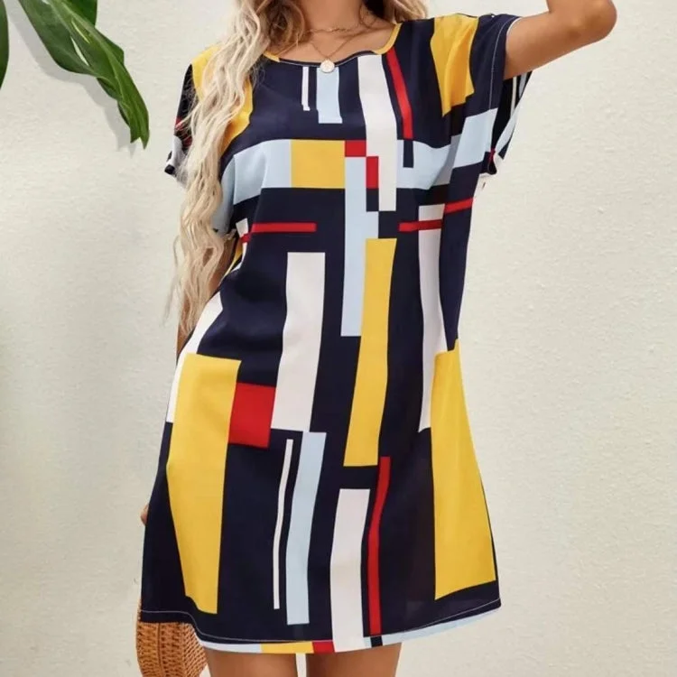 Spring Summer Women Printed Slim Dress (Color:Yellow Size:XL)