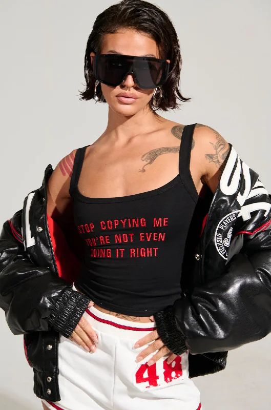 STOP COPYING ME LACE UP BACK TANK TOP spandex blend tank