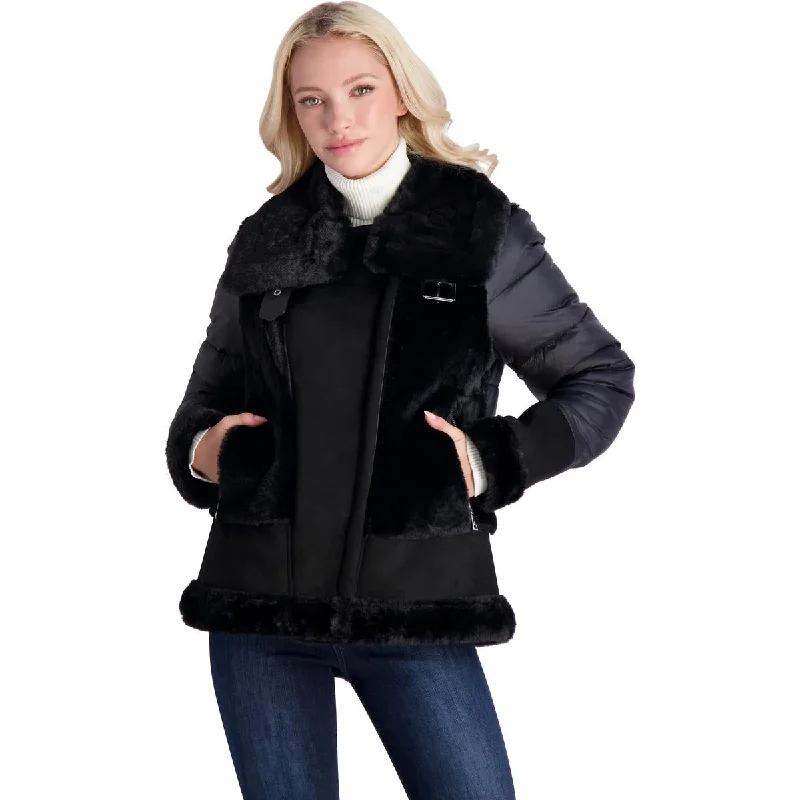 Tahari Women's Saylor Mixed Media Puffer Coat Longline Wool Coat