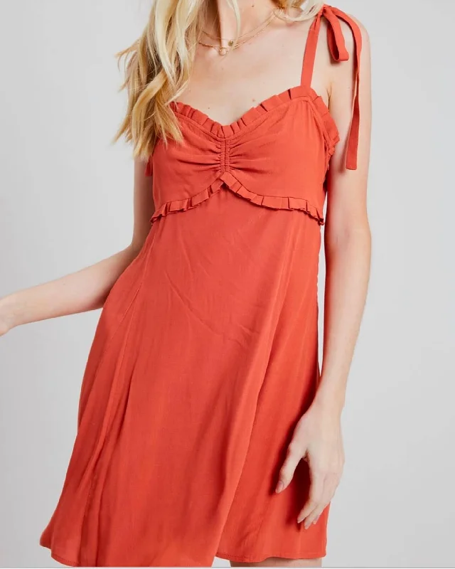 Take Your Time Ruffled Sweetheart Dress In Brick