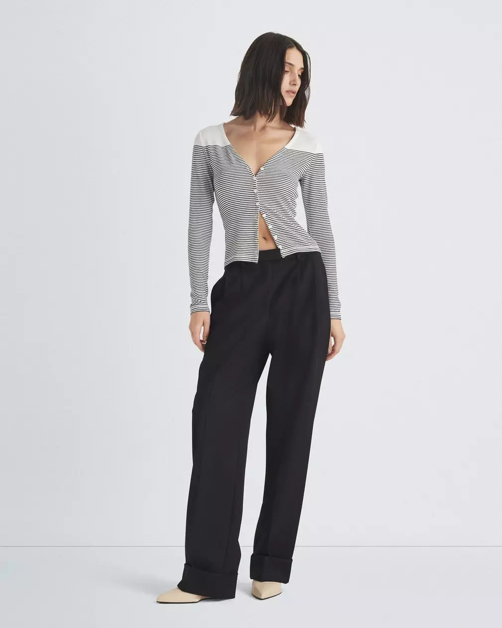The Knit Stripe V-Neck Cardigan Hooded Caped Shawl Collar