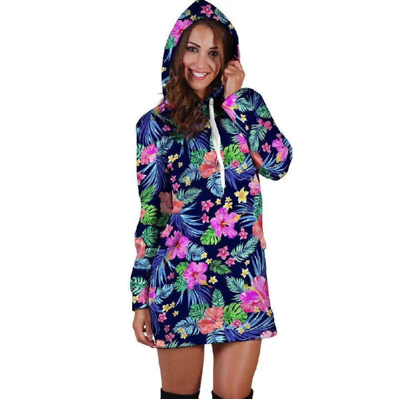 Tropical Exotic Flowers Hibiscus Hawaiian Print Hoodie Dress