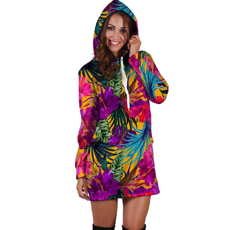 Tropical Hibiscus Flower Hawaiian Print Hoodie Dress