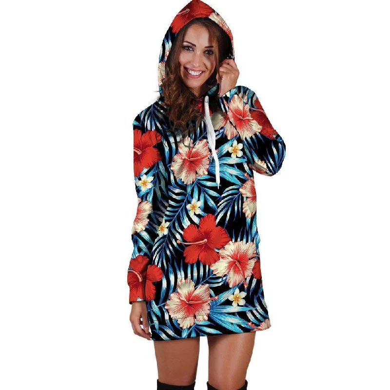Tropical Hibiscus Flower Print Hoodie Dress