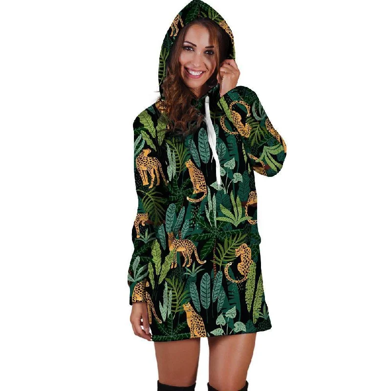 Tropical Leopard Hawaiian Print Hoodie Dress