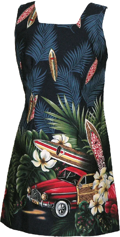Tropical Surfboard Woodie Women's A-Line  Short Tank Hawaiian Dress (Petite Size)