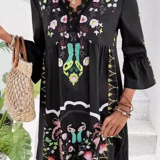 V-Neck Lace Patchwork Printed Dress, Black