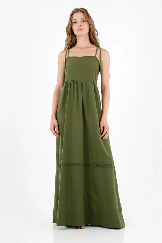 Green straight neckline dress for women