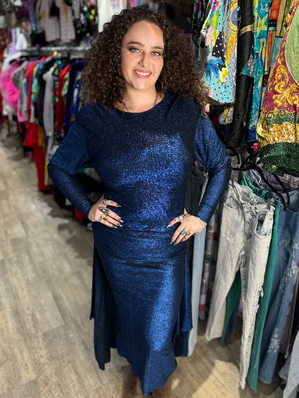 Vintage 80s Blue Metallic Draped Dress