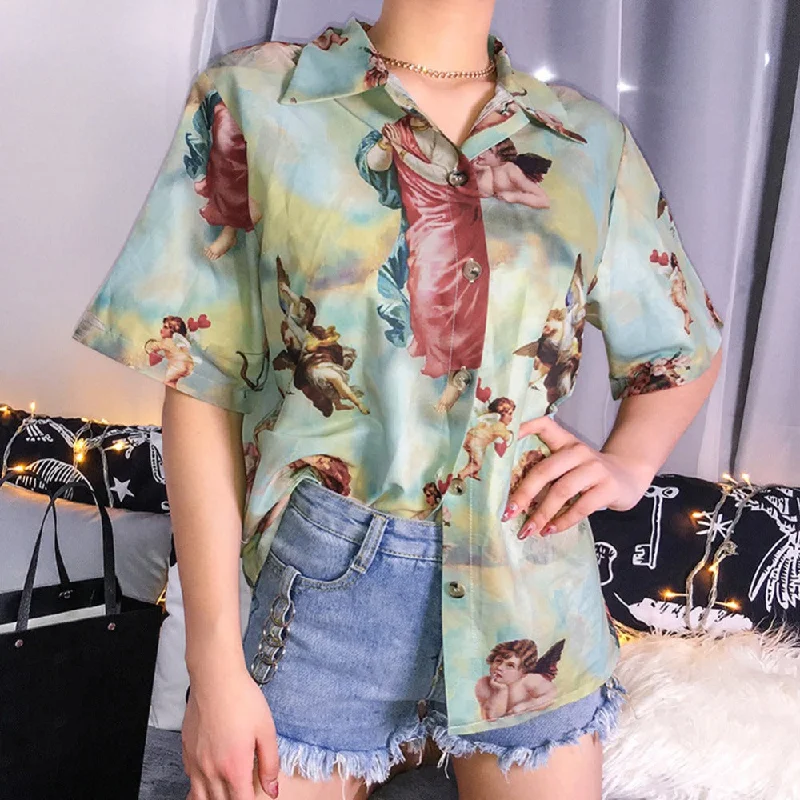 Vintage Aesthetic Cupid Angel Print Women' Blouse Shirt Cardigan Short Sleeve Summer Top Graphic Blouse Women Clothes 2019 New Ribbed Striped Patterned