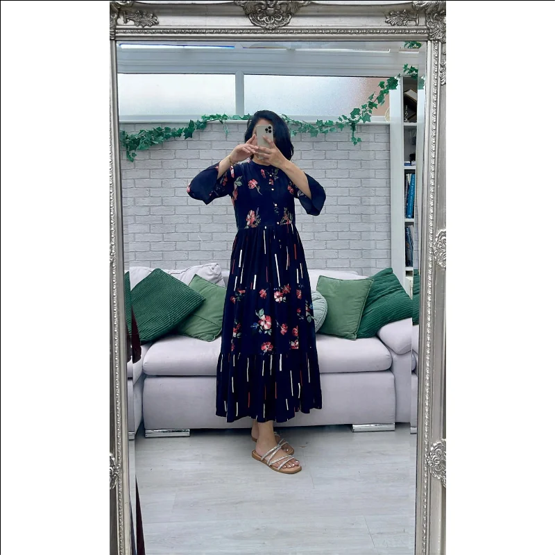 Viscose Print Embellished Dress Ruffle Sleeve