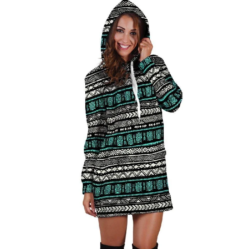 White and Turquoise Tribal Navajo Hand Drawn Hoodie Dress