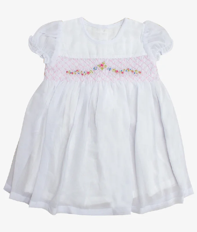White Georgette Puffed Sleeved  Rose Smocked Dress