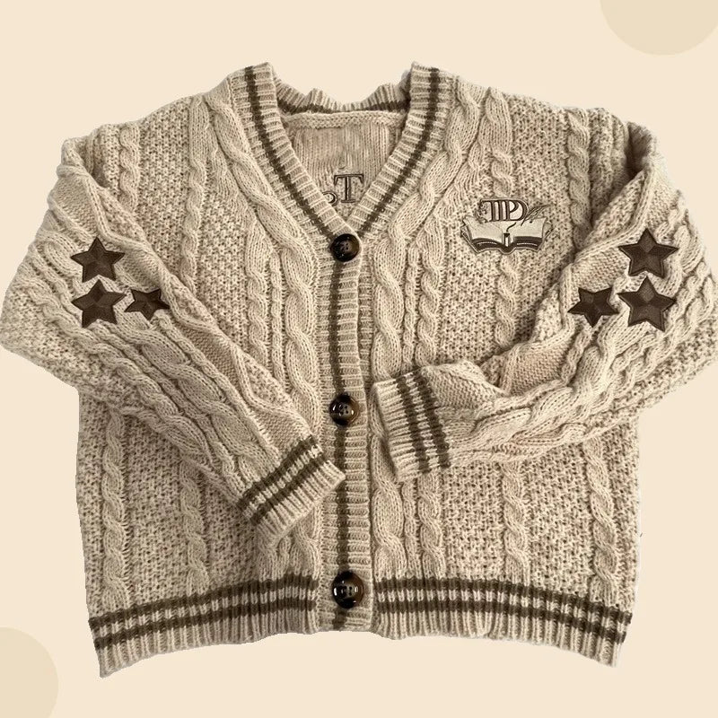 Women Autumn Cotton Star Embroidery Khaki Knitted Cardigans Zippered Front Buttoned Front Snap Front Women Autumn Cotton Star Embroidery Khaki Knitted Cardigans Zippered Front Buttoned Front Snap Front