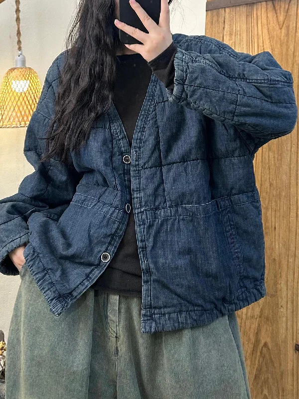 Women Autumn Retro Linen V-Neck Padded Coat Lightweight Utility Jacket