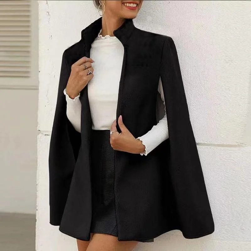 Women Elegant Solid Color Stand Neck Cloak Pattern Coat Chic Winter Coat