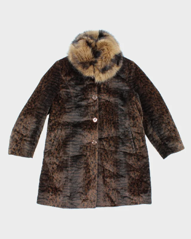 Faux Fur Hooded Fleece Lined Leopard Print Coat - L Pastel Wool Peacoat