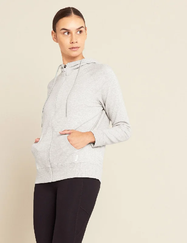 Women's Weekend Zip-Up Hoodie - Grey Marl Hoodie with Hem Embroidery Detailed Premium Women's Weekend Zip-Up Hoodie - Grey Marl Hoodie with Hem Embroidery Detailed Premium