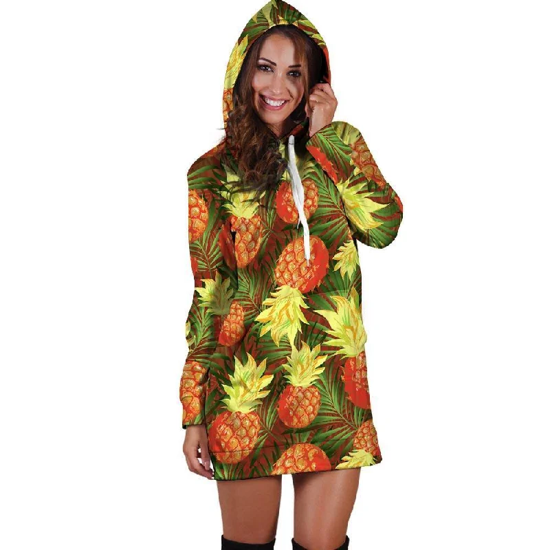 Yellow Neon Pineapple Hawaiian Print Hoodie Dress