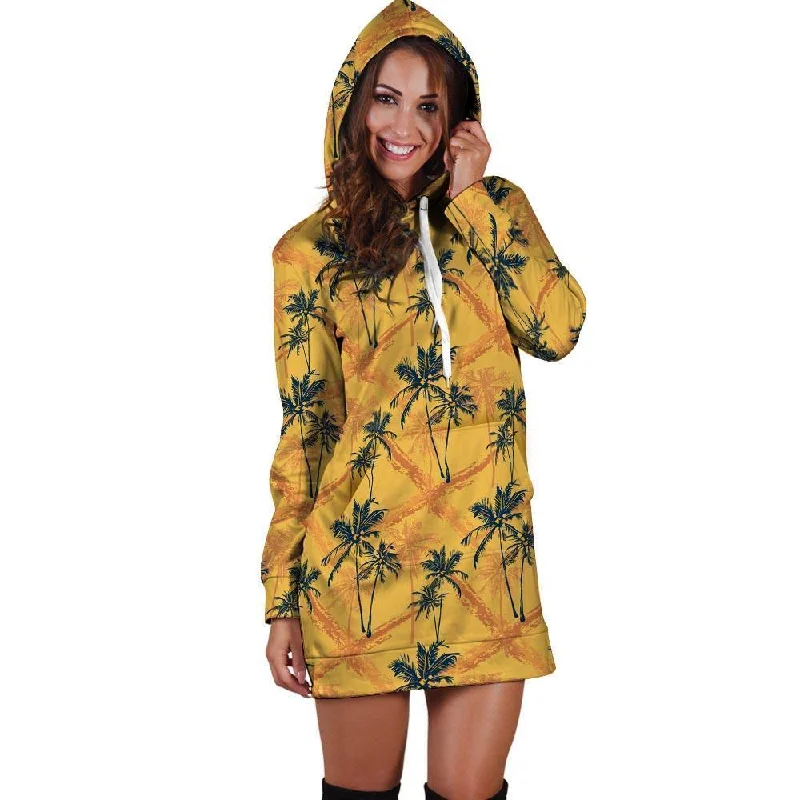 Yellow Palm Tree Hawaiian Print Hoodie Dress