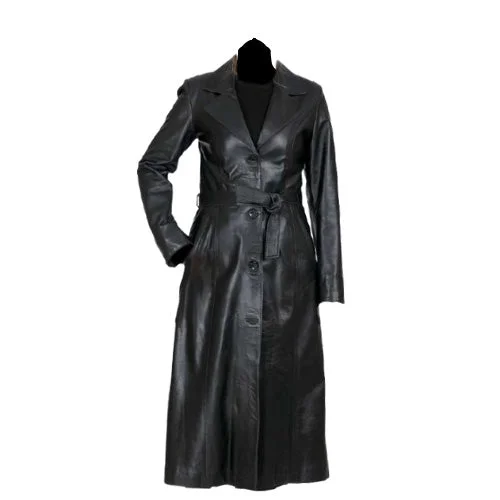 Zoe black buttoned long leather coat with belt Zipper Front Biker Jacket